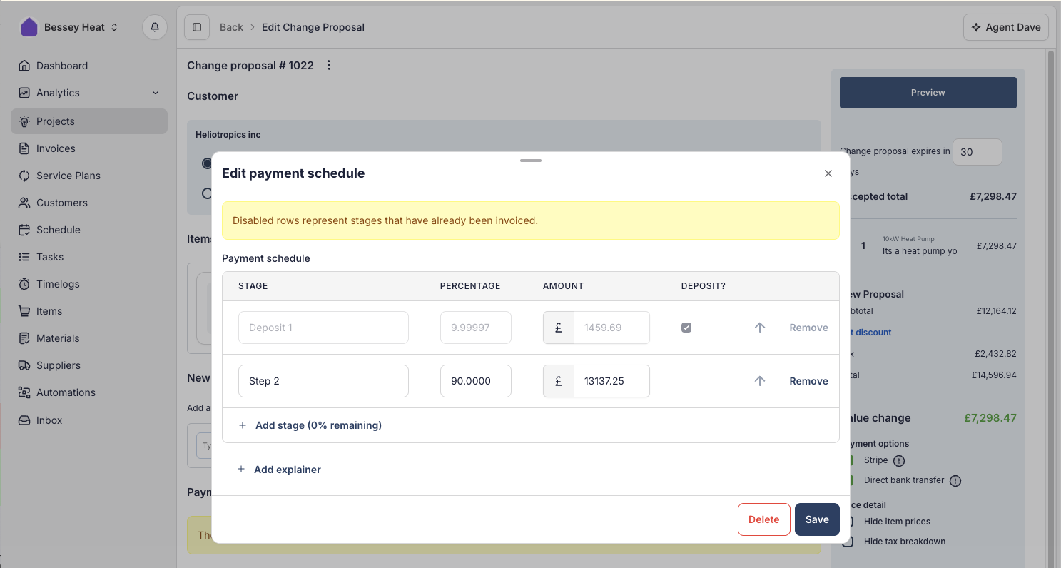 Editing a payment schedule on a Change Proposal