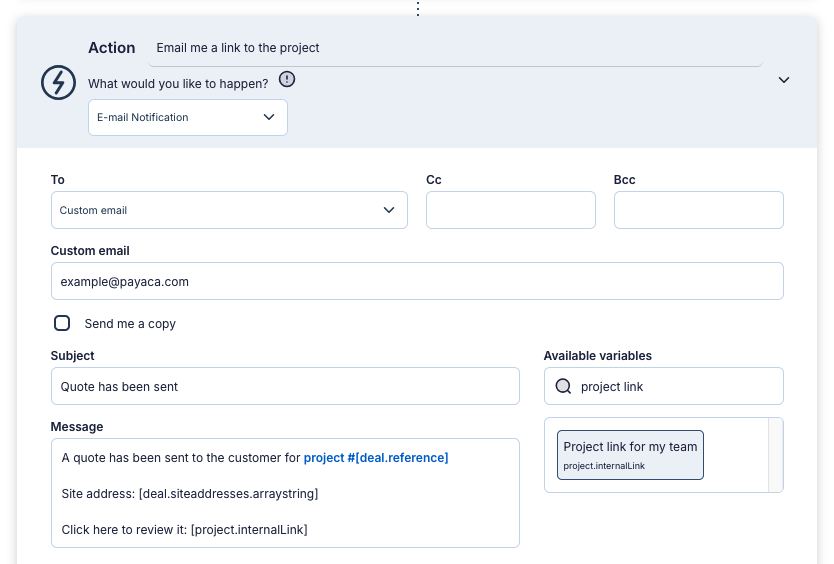 An automation's email action, with Project link for my team picked from the available variables and used in the message