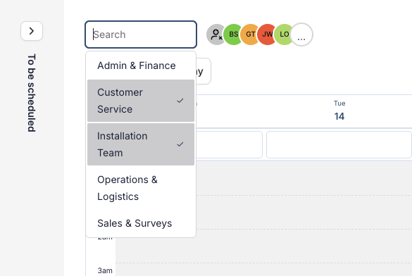 The scheduling board's team filter open, with Customer Service and Installation Team ticked from a list of teams